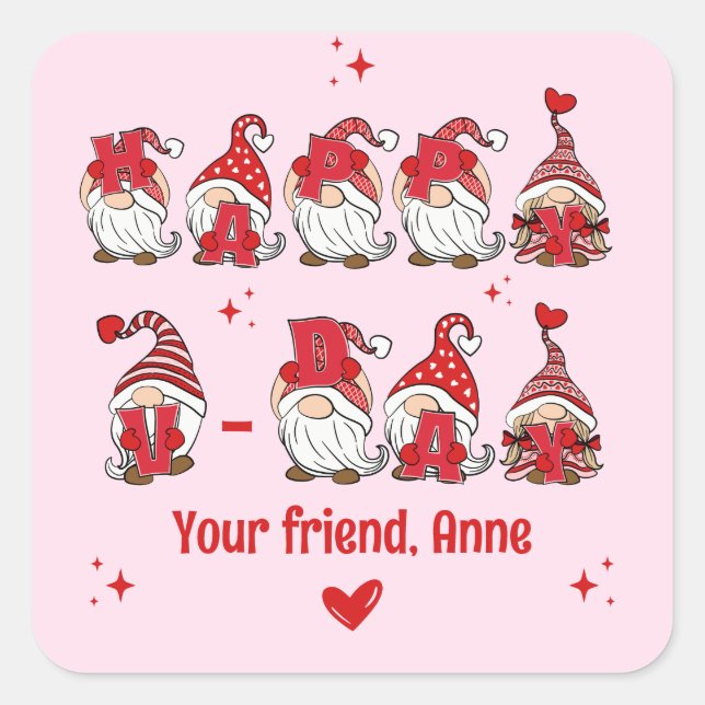 Pegatina Cuadrada Feliz V-Day Gnome Letter en aula rosa (Anverso)