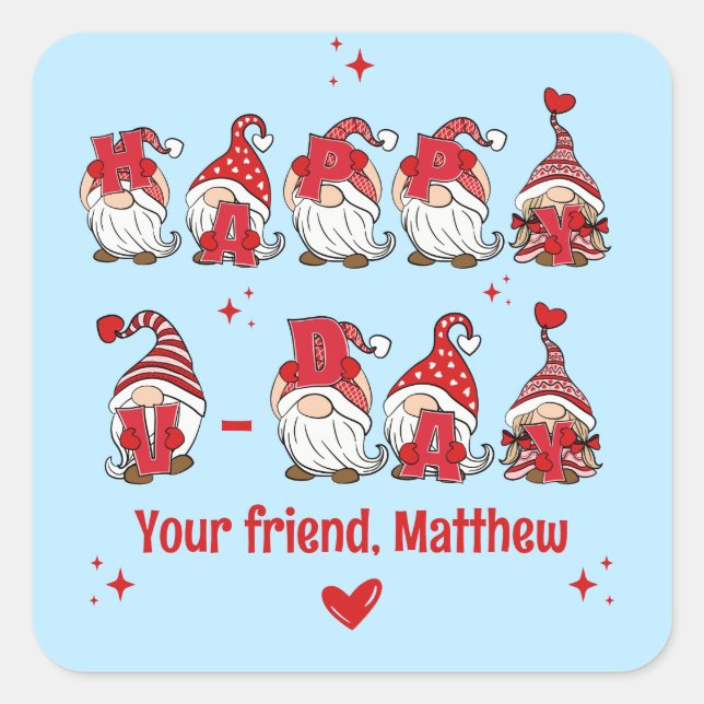 Pegatina Cuadrada Feliz V-Day Gnome Lettering Blue Classroom (Anverso)