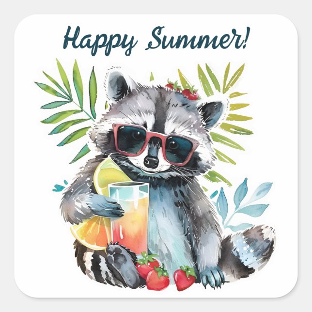 Pegatina Cuadrada Feliz verano, mapache, escalada de playa (Anverso)