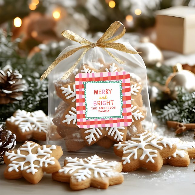 Pegatina Cuadrada Feliz y brillante Personalizado Holiday Red & Pink (Subido por el creador)
