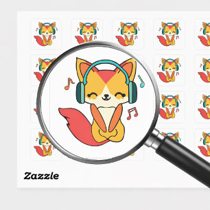 Pegatina Cuadrada Feliz zorro con auriculares escuchando música.