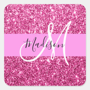 Pegatina Cuadrada Femenino y glamuroso monograma con brillo rosa cal