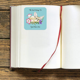Pegatina Cuadrada Fennec Fox Flowers Cute Bookplate