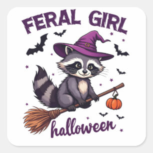 Pegatina Cuadrada Feral Chica Halloween Spooky Raccoon Witch Gift