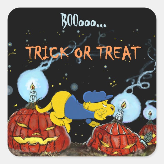 Pegatina Cuadrada Ferald y las calabazas rojas (Anverso)