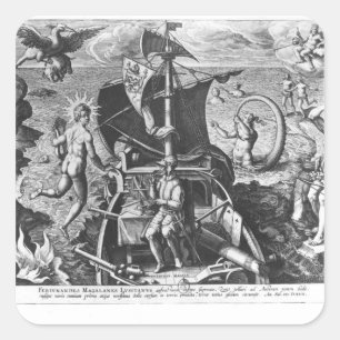 Pegatina Cuadrada Ferdinand Magellan a bordo de su caravana, 1522