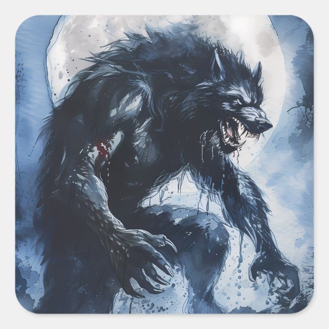 Pegatina Cuadrada Ferociosa acuarela de Werewolf (Anverso)