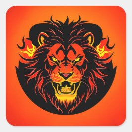 Pegatina Cuadrada Feroy Ilustracion de león rodeado de un flamígero