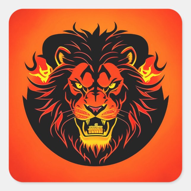 Pegatina Cuadrada Feroy Ilustracion de león rodeado de un flamígero (Anverso)