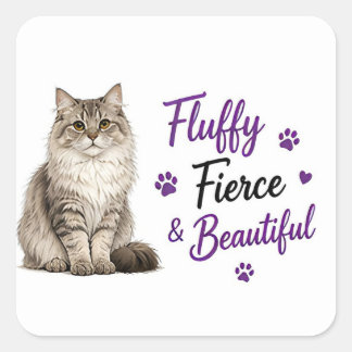 Pegatina Cuadrada 🐾 Feroz Gato Siberiano Esponjoso Cita de Amante �