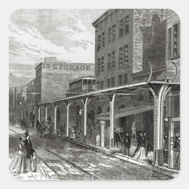Pegatina Cuadrada Ferrocarril elevado en Greenwich Street, Nueva Yor (Anverso)
