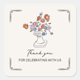 Pegatina Cuadrada Festejo de Boda de Urna Floral Dibujada a Mano Qui