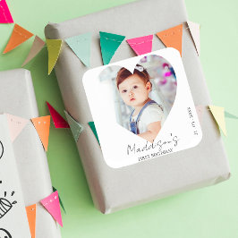 Pegatina Cuadrada Festejo de Primer Cumpleaños con Fotos Minimalista