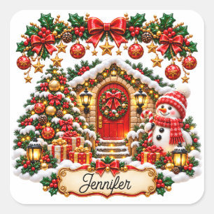 Pegatina Cuadrada Festive Christmas Cottage with Snowman and Editabl