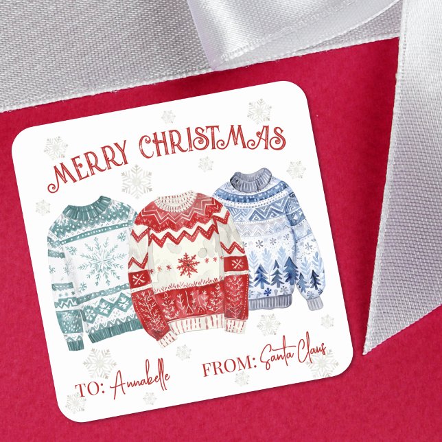 Pegatina Cuadrada Festive Christmas Gift Tag Sticker (Ugly Sweater Christmas Gift Tag Sticker)