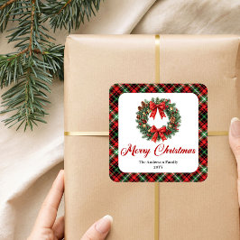 Pegatina Cuadrada Festive Christmas Wreath Red Green Plaid Labels