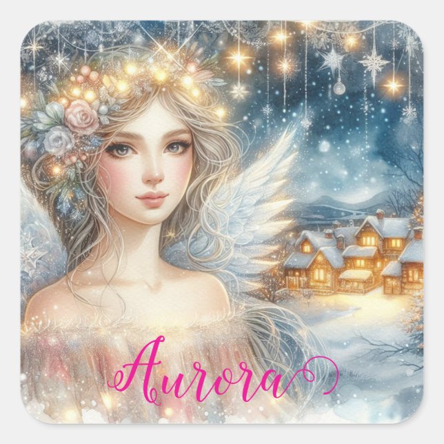 Pegatina Cuadrada Festive Gold Watercolor Ethereal Frost Snow Angel (Anverso)