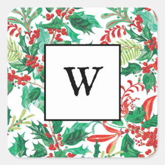 Pegatina Cuadrada Festive Holly Christmas Monogram Sticker