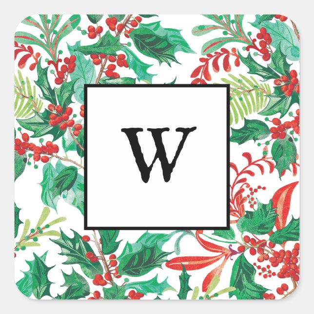 Pegatina Cuadrada Festive Holly Christmas Monogram Sticker (Anverso)