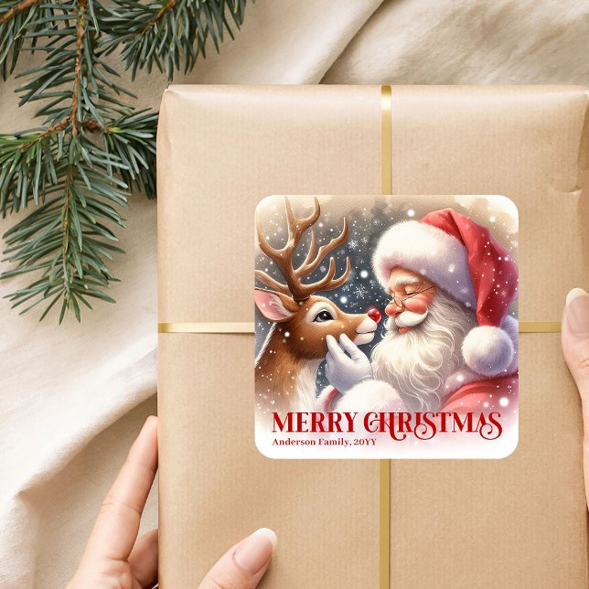 Pegatina Cuadrada Festive Personalized Santa and Rudolph Christmas  (Festive Personalized Santa and Rudolph Christmas Sticker)