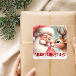 Pegatina Cuadrada Festive Santa and Rudolph Personalized Holiday 