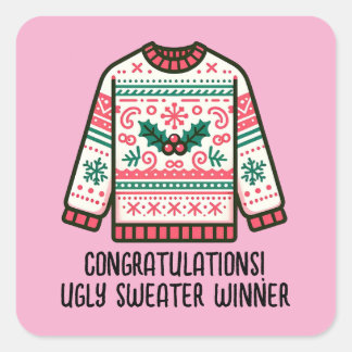 Pegatina Cuadrada Festive Ugly Christmas Sweater Winner Contest Game