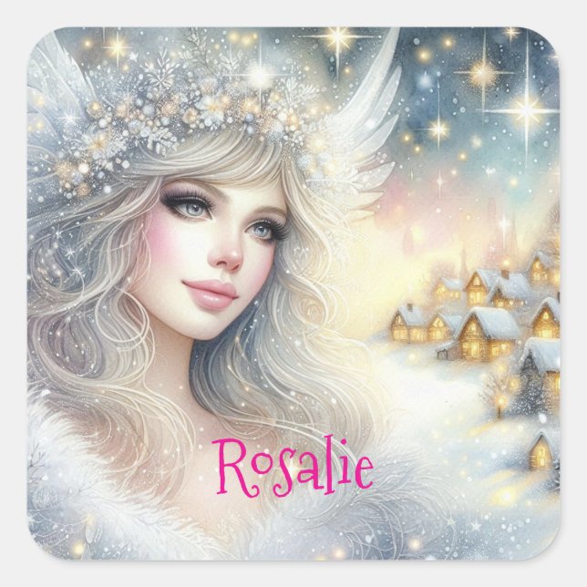 Pegatina Cuadrada Festive White Watercolor Ethereal Frost Snow Angel (Anverso)