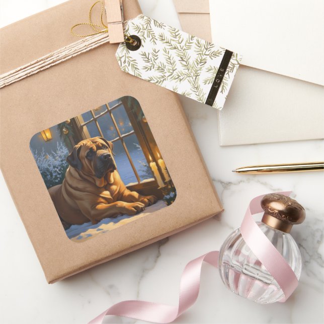 Pegatina Cuadrada Festividad de bullmastiff con Navidades alumbrado  (Regalar)