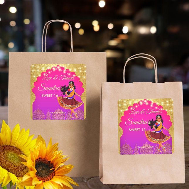 Pegatina Cuadrada Festividad de cumpleaños de las chicas de Bollywoo (Indian Bollywood girls birthday party thank you favor Square Sticker cute girl cartoon caricature)