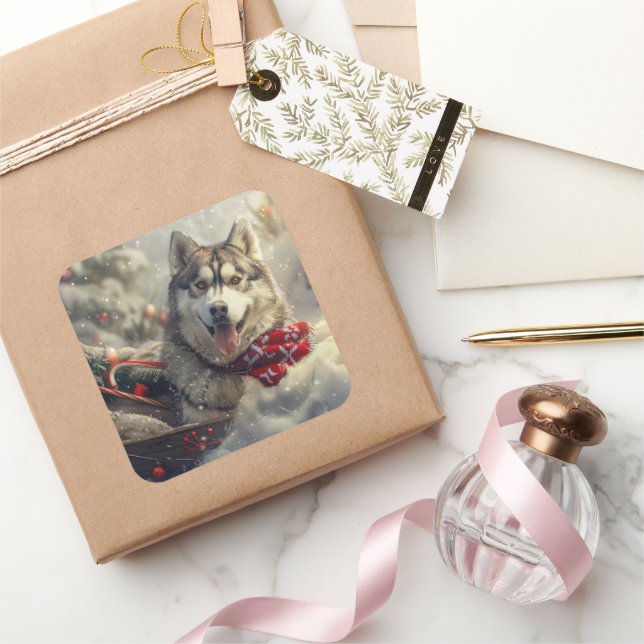 Pegatina Cuadrada Festividad de los Navidades de Husky Dog en Siberi (Regalar)