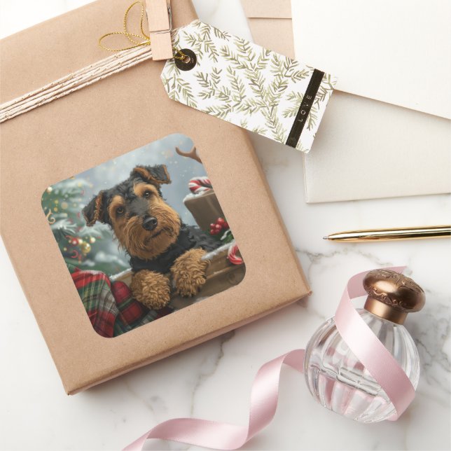 Pegatina Cuadrada Festividad de los Navidades de perro de Airedale (Regalar)