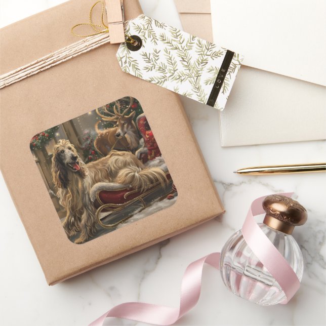 Pegatina Cuadrada Festividad de los Navidades de perro de Hound en A (Regalar)