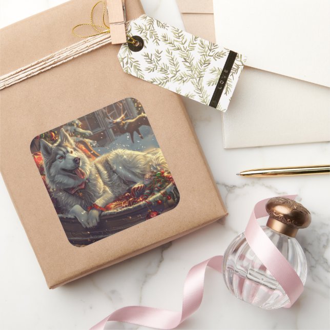 Pegatina Cuadrada Festividad de los Navidades de perro de Laphund (Regalar)