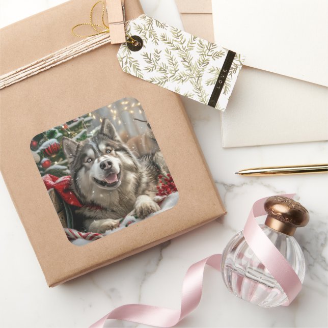 Pegatina Cuadrada Festividad de los Navidades de perros malamutas de (Regalar)