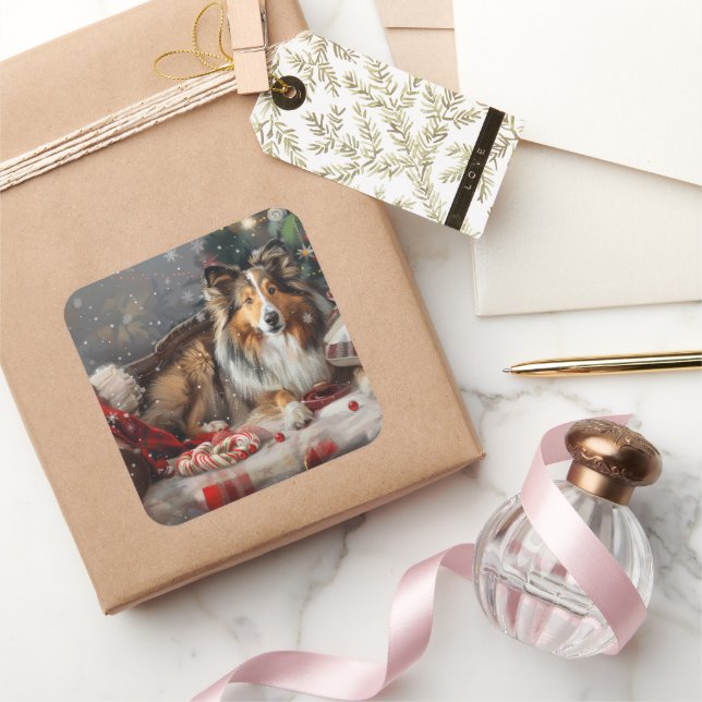 Pegatina Cuadrada Festividad de los Navidades de Sheepdog de Shetlan (Regalar)