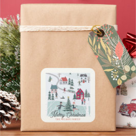 Pegatina Cuadrada Festividad de Navidades de invierno en ciudad/vaca