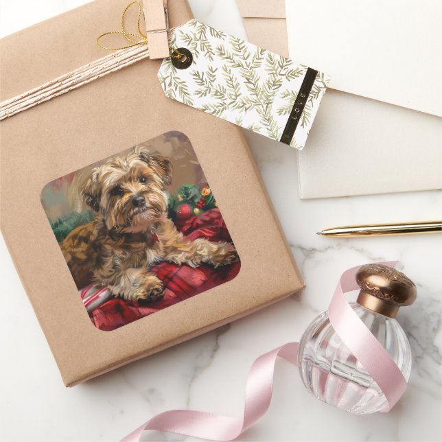 Pegatina Cuadrada Festividad de Navidades de perro de Yorkipoo (Regalar)