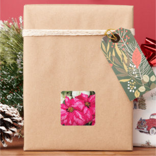 Pegatina Cuadrada Festividad de Poinsettias Variadas Rosa