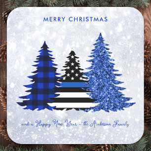 Pegatina Cuadrada Festividad del árbol Purpurina de la placa azul pa