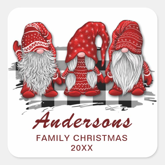 Pegatina Cuadrada Festividad en los Navidades de Gnomes Rojos Retro (Anverso)