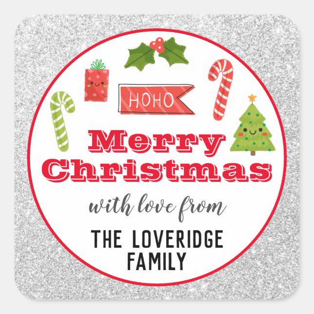 Pegatina Cuadrada Festividad Feliz Navidad Purpurina de Plata Roja (Anverso)