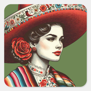 Pegatina Cuadrada Festividad Fiesta Vintage Mexicana Favor del Parti
