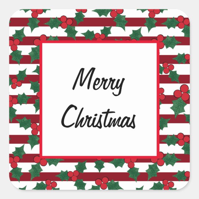 Pegatina Cuadrada Festividad Holly en Navidades de franjas rojas (Anverso)