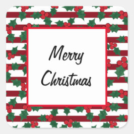 Pegatina Cuadrada Festividad Holly en Navidades de franjas rojas
