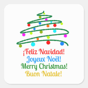 Pegatina Cuadrada Festividad Internacional Feliz Navidad y Árbol