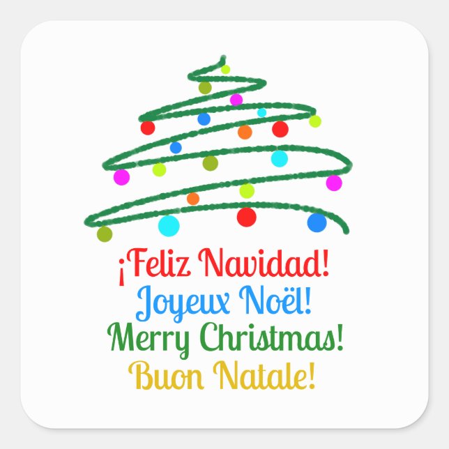Pegatina Cuadrada Festividad Internacional Feliz Navidad y Árbol (Anverso)