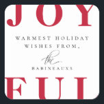 Pegatina Cuadrada Festividad júnida roja y audaz<br><div class="desc">Diseño tipográfico moderno y de moda,  JOYFUL de tipo rojo,  Navidades pegatina de vacaciones. Espacios de texto de plantilla para mensaje y nombre.</div>