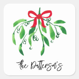 Pegatina Cuadrada Festividad Mistletoe Nombre Beso Verde Rojo Festiv