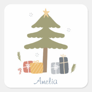 Pegatina Cuadrada Festividad nórdica personalizada de árbol de Navid