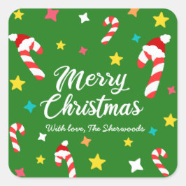 Pegatina Cuadrada Festividad Patrón de Candy Verde Feliz Navidad